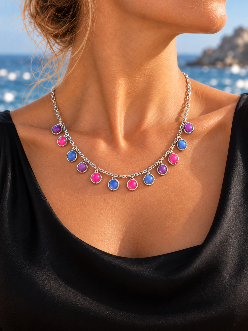 βοΈ Vibrant Enamel Necklace | Silver-Tone Charm | Pink, Blue, Purple π